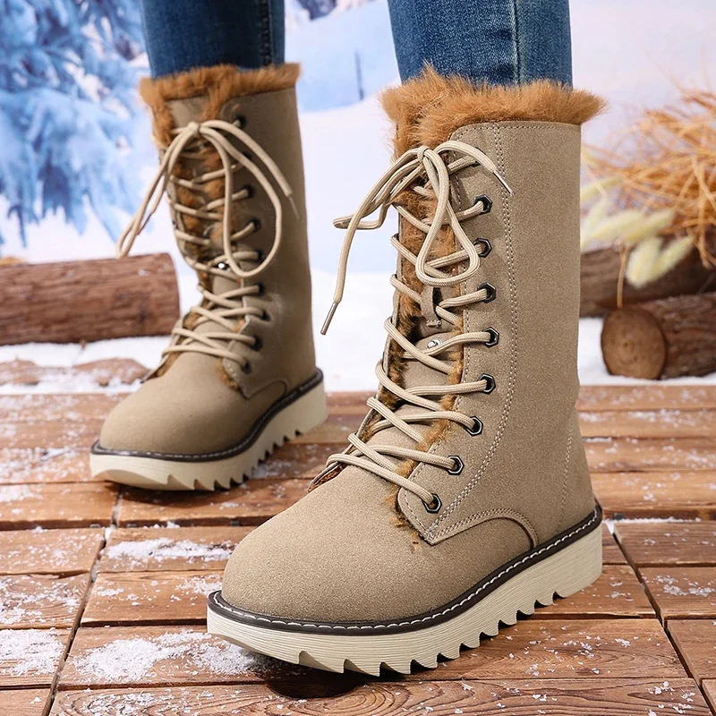 Winter Warm Long Plush Mid Calf Boots Women Outdoor Lace Up Non Slip Snow Boots Woman Plus Size 36-43 Thick Sole Suede Botas