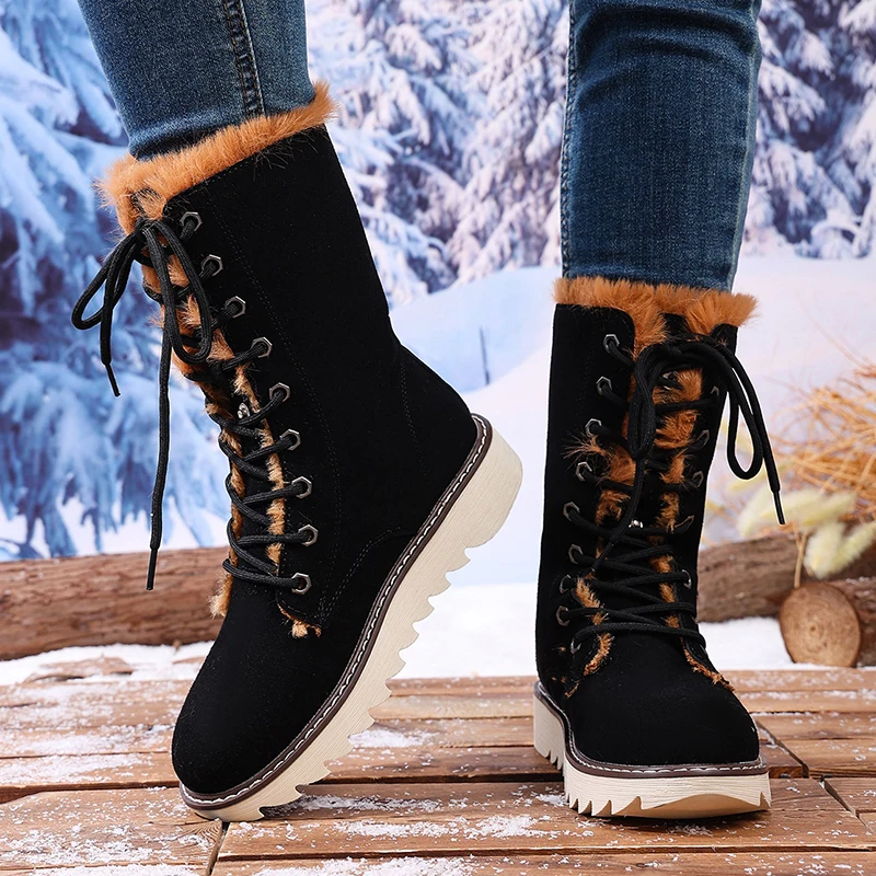 Winter Warm Long Plush Mid Calf Boots Women Outdoor Lace Up Non Slip Snow Boots Woman Plus Size 36-43 Thick Sole Suede Botas