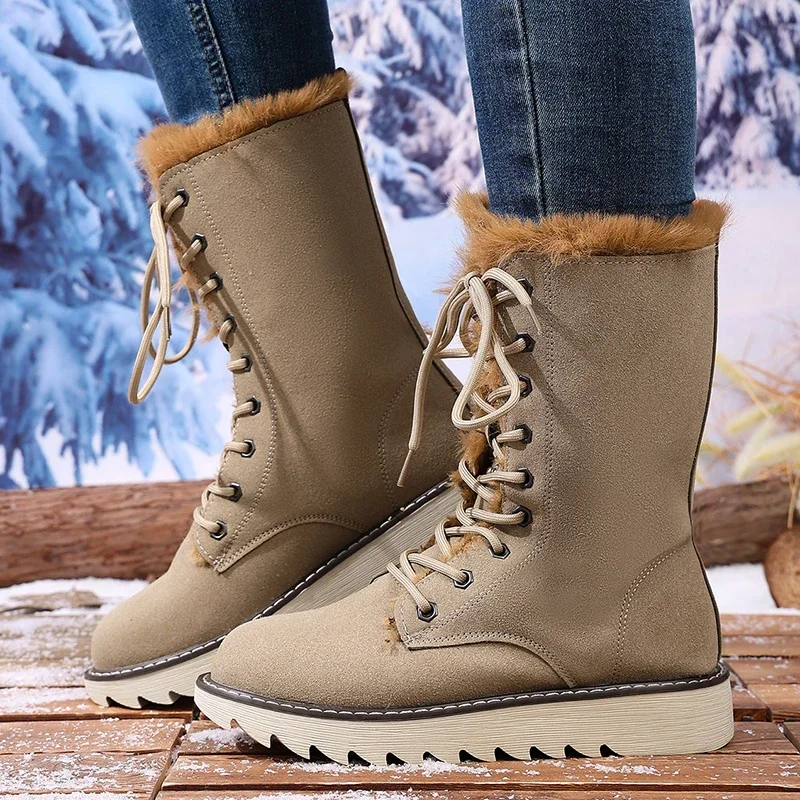 Winter Warm Long Plush Mid Calf Boots Women Outdoor Lace Up Non Slip Snow Boots Woman Plus Size 36-43 Thick Sole Suede Botas Winter Warm Long Plush Mid Calf Boots Women Outdoor Lace Up Non Slip Snow Boots Woman Plus Size 36-43 Thick Sole Suede Botas