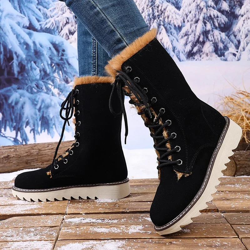 Winter Warm Long Plush Mid Calf Boots Women Outdoor Lace Up Non Slip Snow Boots Woman Plus Size 36-43 Thick Sole Suede Botas Winter Warm Long Plush Mid Calf Boots Women Outdoor Lace Up Non Slip Snow Boots Woman Plus Size 36-43 Thick Sole Suede Botas