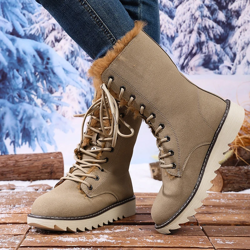 Winter Warm Long Plush Mid Calf Boots Women Outdoor Lace Up Non Slip Snow Boots Woman Plus Size 36-43 Thick Sole Suede Botas