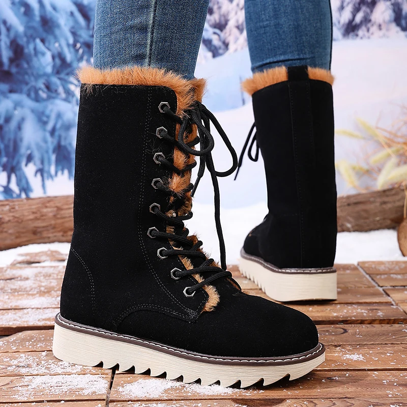 Winter Warm Long Plush Mid Calf Boots Women Outdoor Lace Up Non Slip Snow Boots Woman Plus Size 36-43 Thick Sole Suede Botas