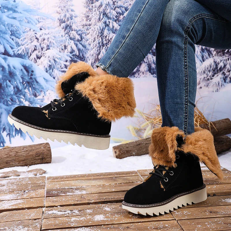 Winter Warm Long Plush Mid Calf Boots Women Outdoor Lace Up Non Slip Snow Boots Woman Plus Size 36-43 Thick Sole Suede Botas Winter Warm Long Plush Mid Calf Boots Women Outdoor Lace Up Non Slip Snow Boots Woman Plus Size 36-43 Thick Sole Suede Botas