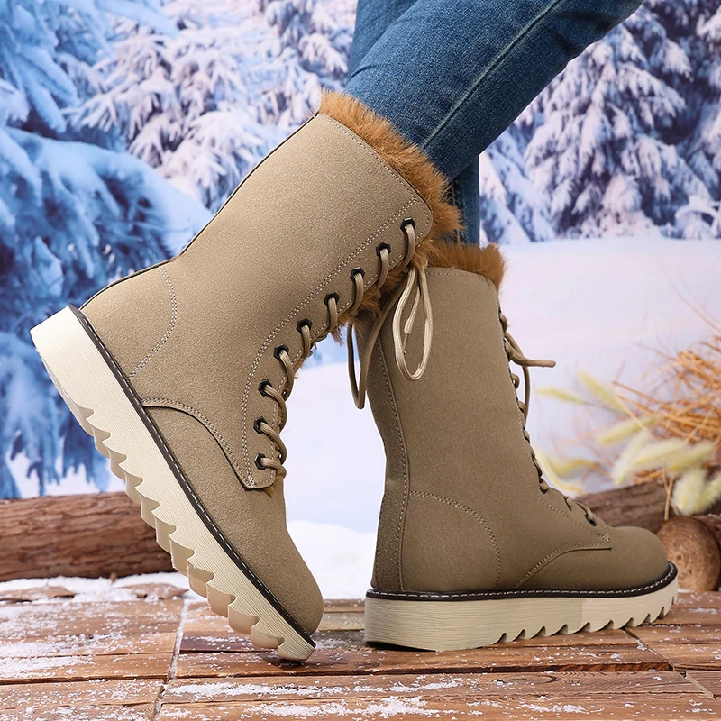 Winter Warm Long Plush Mid Calf Boots Women Outdoor Lace Up Non Slip Snow Boots Woman Plus Size 36-43 Thick Sole Suede Botas Winter Warm Long Plush Mid Calf Boots Women Outdoor Lace Up Non Slip Snow Boots Woman Plus Size 36-43 Thick Sole Suede Botas