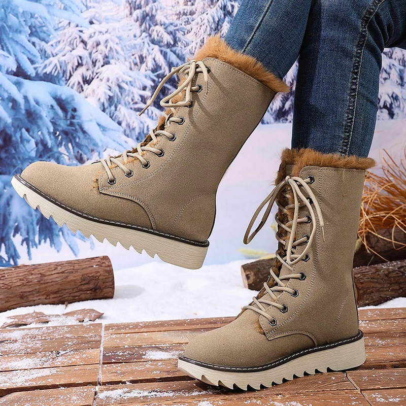 Winter Warm Long Plush Mid Calf Boots Women Outdoor Lace Up Non Slip Snow Boots Woman Plus Size 36-43 Thick Sole Suede Botas Winter Warm Long Plush Mid Calf Boots Women Outdoor Lace Up Non Slip Snow Boots Woman Plus Size 36-43 Thick Sole Suede Botas