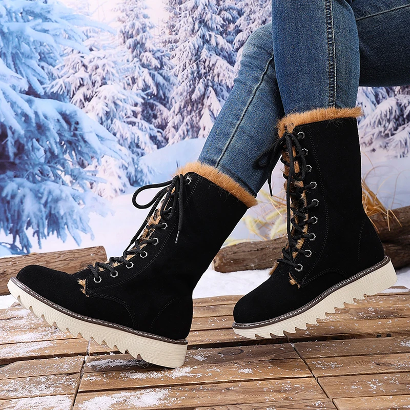 Winter Warm Long Plush Mid Calf Boots Women Outdoor Lace Up Non Slip Snow Boots Woman Plus Size 36-43 Thick Sole Suede Botas Winter Warm Long Plush Mid Calf Boots Women Outdoor Lace Up Non Slip Snow Boots Woman Plus Size 36-43 Thick Sole Suede Botas