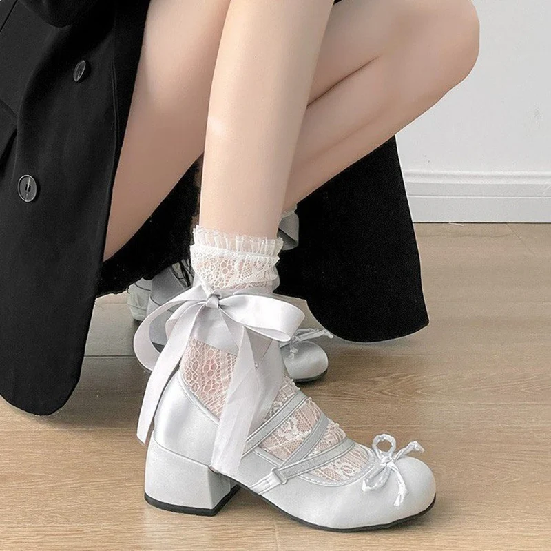 Lolita Cross Strap Pink Round Toe Shoes Ladies Sweet Butterfly Knot Med Heels Mary Janes Shoes Women Fashion Party Shoes Mujer