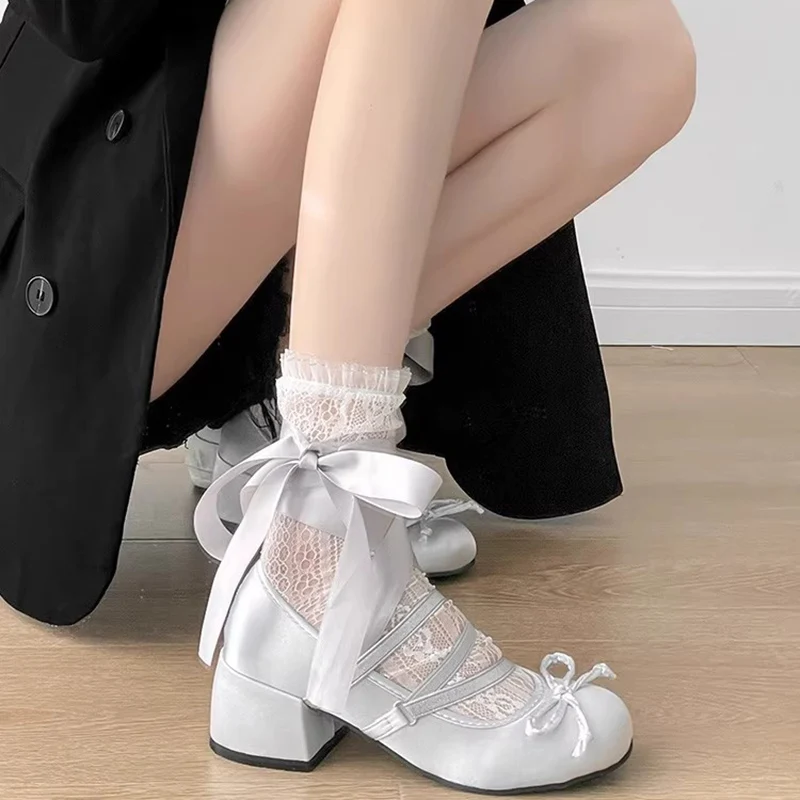 Lolita Cross Strap Pink Round Toe Shoes Ladies Sweet Butterfly Knot Med Heels Mary Janes Shoes Women Fashion Party Shoes Mujer