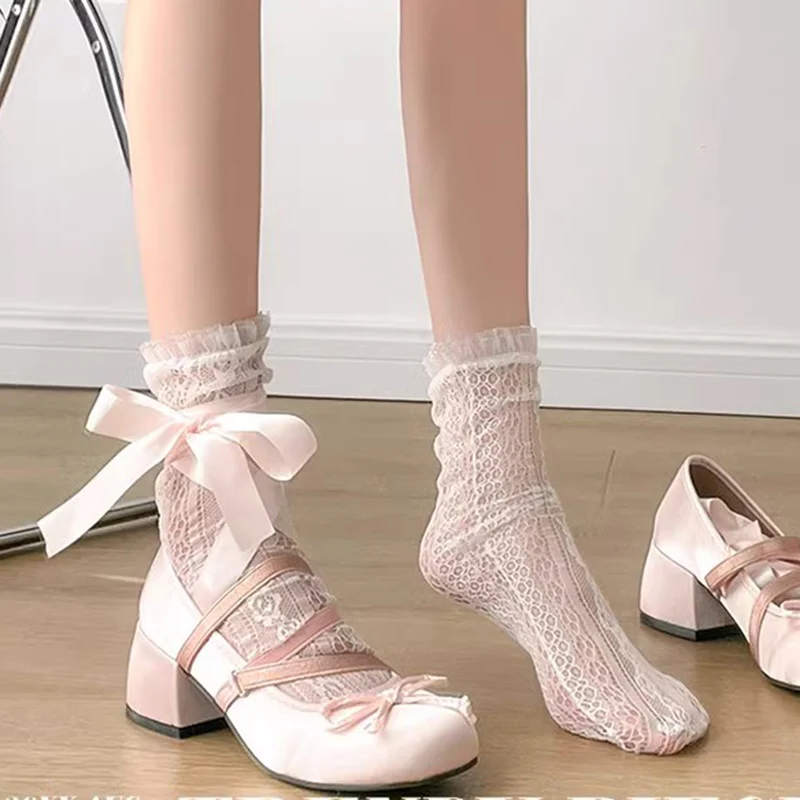 Lolita Cross Strap Pink Round Toe Shoes Ladies Sweet Butterfly Knot Med Heels Mary Janes Shoes Women Fashion Party Shoes Mujer