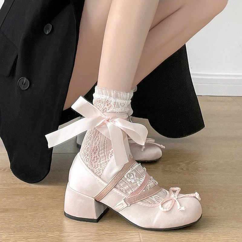Lolita Cross Strap Pink Round Toe Shoes Ladies Sweet Butterfly Knot Med Heels Mary Janes Shoes Women Fashion Party Shoes Mujer