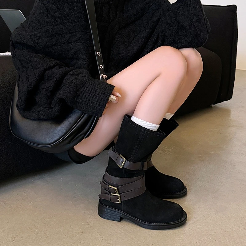 New Fashion Retro Style Women Western Cowgirl Boots Fashion Elegant Cross Strap Belt Buckle Shoes Low Heel Women's Mid Calf Boot