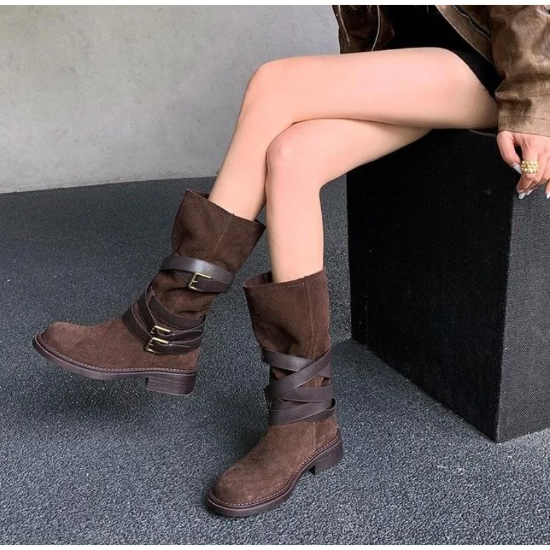 New Fashion Retro Style Women Western Cowgirl Boots Fashion Elegant Cross Strap Belt Buckle Shoes Low Heel Women's Mid Calf Boot