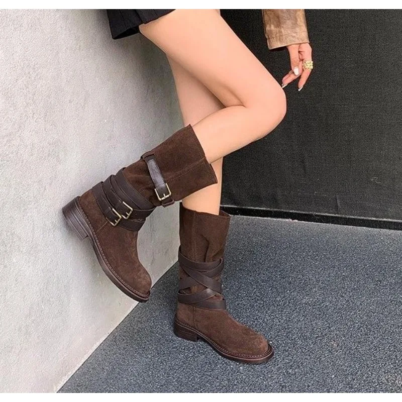 New Fashion Retro Style Women Western Cowgirl Boots Fashion Elegant Cross Strap Belt Buckle Shoes Low Heel Women's Mid Calf Boot