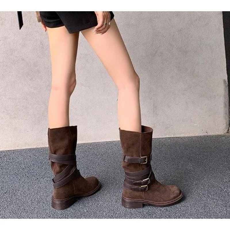 New Fashion Retro Style Women Western Cowgirl Boots Fashion Elegant Cross Strap Belt Buckle Shoes Low Heel Women's Mid Calf Boot