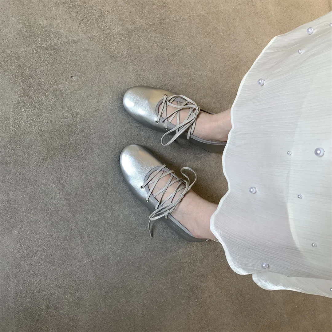Spring 2025 Women's Ballet Flats Soft Low Heel Flat Shoes Casual Versatile Comfortable Round Toe Leather Shoes