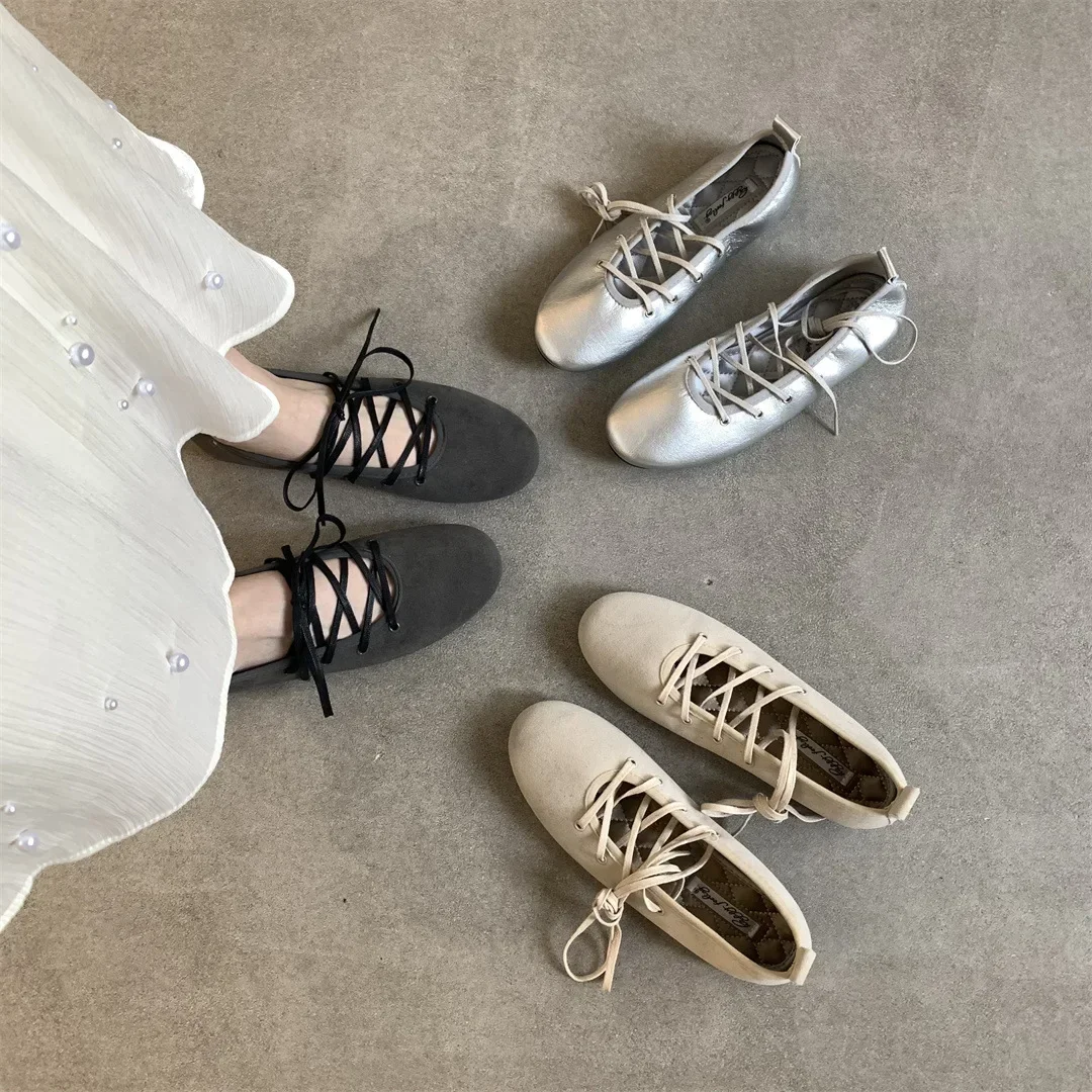 Spring 2025 Women's Ballet Flats Soft Low Heel Flat Shoes Casual Versatile Comfortable Round Toe Leather Shoes