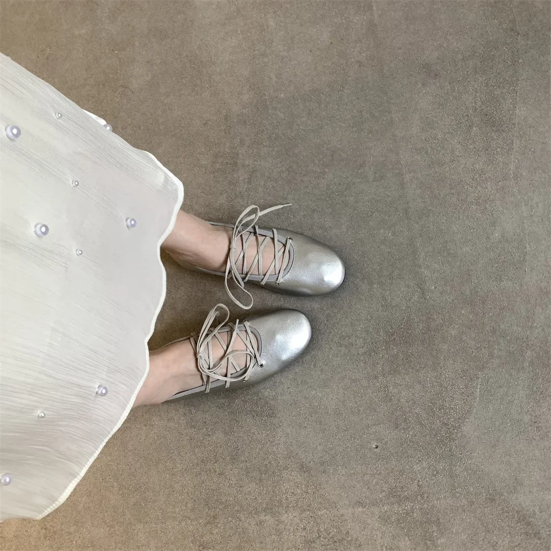 Spring 2025 Women's Ballet Flats Soft Low Heel Flat Shoes Casual Versatile Comfortable Round Toe Leather Shoes