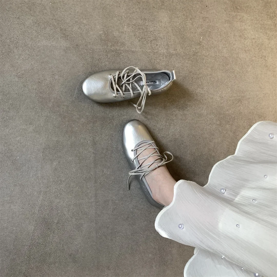 Spring 2025 Women's Ballet Flats Soft Low Heel Flat Shoes Casual Versatile Comfortable Round Toe Leather Shoes