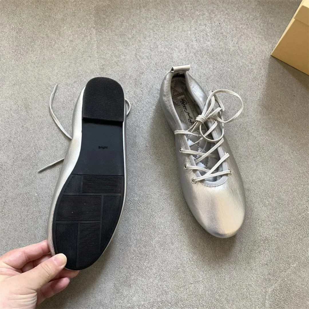 Spring 2025 Women's Ballet Flats Soft Low Heel Flat Shoes Casual Versatile Comfortable Round Toe Leather Shoes