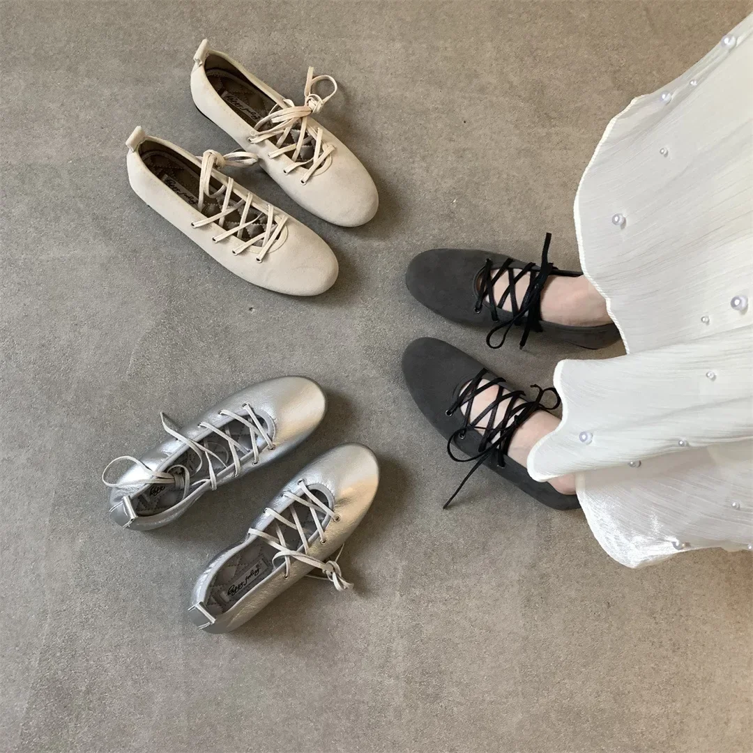 Spring 2025 Women's Ballet Flats Soft Low Heel Flat Shoes Casual Versatile Comfortable Round Toe Leather Shoes