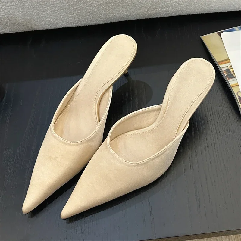 2025 New Summer Concise Pointed Toe Women Slippers Fashion Thin Low Heels Party Pumps Mules Slide Shoes