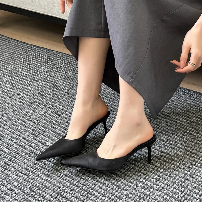 2025 New Summer Concise Pointed Toe Women Slippers Fashion Thin Low Heels Party Pumps Mules Slide Shoes