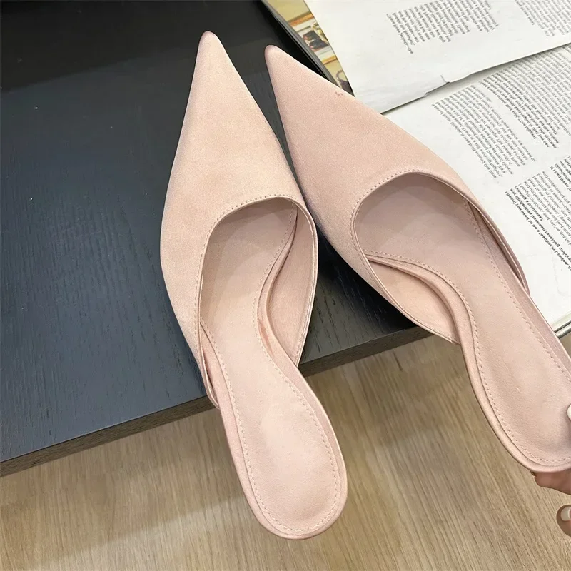 2025 New Summer Concise Pointed Toe Women Slippers Fashion Thin Low Heels Party Pumps Mules Slide Shoes