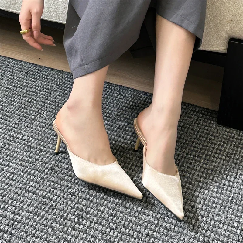 2025 New Summer Concise Pointed Toe Women Slippers Fashion Thin Low Heels Party Pumps Mules Slide Shoes