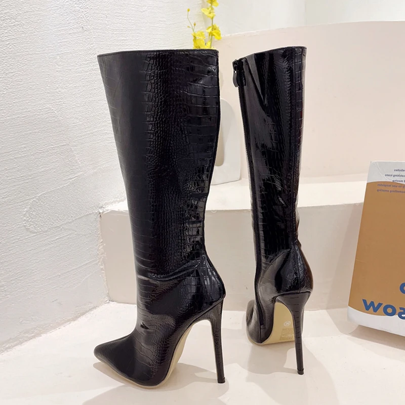 Autumn Winter Zip Knee High Boots Women Sexy Pointed Toe Snake Print Stiletto Heels Party Nachtclub Stripper Shoes Pumps