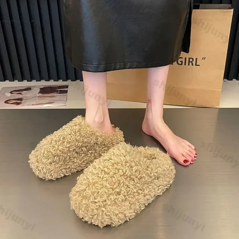 Thick Heel Luxury Lambwool Mules 2025 Winter Shoes Woman Flip Flops Flat Cover Toe Slides Ins Warm Curly Lamb Fur Slippers Women
