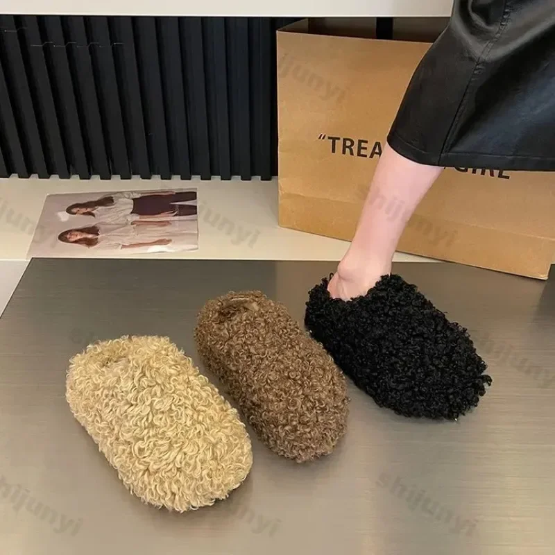 Thick Heel Luxury Lambwool Mules 2025 Winter Shoes Woman Flip Flops Flat Cover Toe Slides Ins Warm Curly Lamb Fur Slippers Women