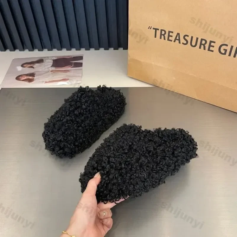 Thick Heel Luxury Lambwool Mules 2025 Winter Shoes Woman Flip Flops Flat Cover Toe Slides Ins Warm Curly Lamb Fur Slippers Women