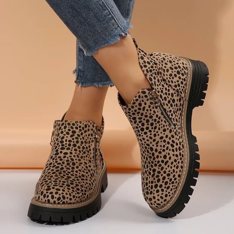 Leopard Suede Short Thigh Boots Women's Fashion Round Toe Side Zip Platform Non-Slip Block Heel Boots