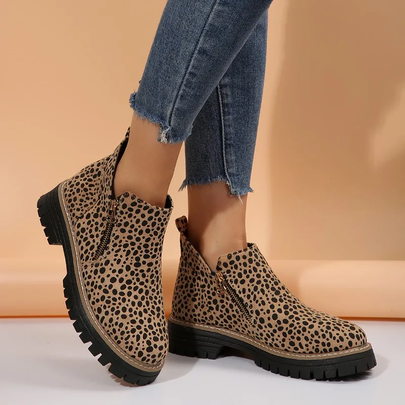 Leopard Suede Short Thigh Boots Women's Fashion Round Toe Side Zip Platform Non-Slip Block Heel Boots