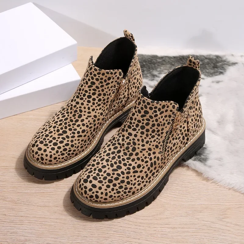 Leopard Suede Short Thigh Boots Women's Fashion Round Toe Side Zip Platform Non-Slip Block Heel Boots
