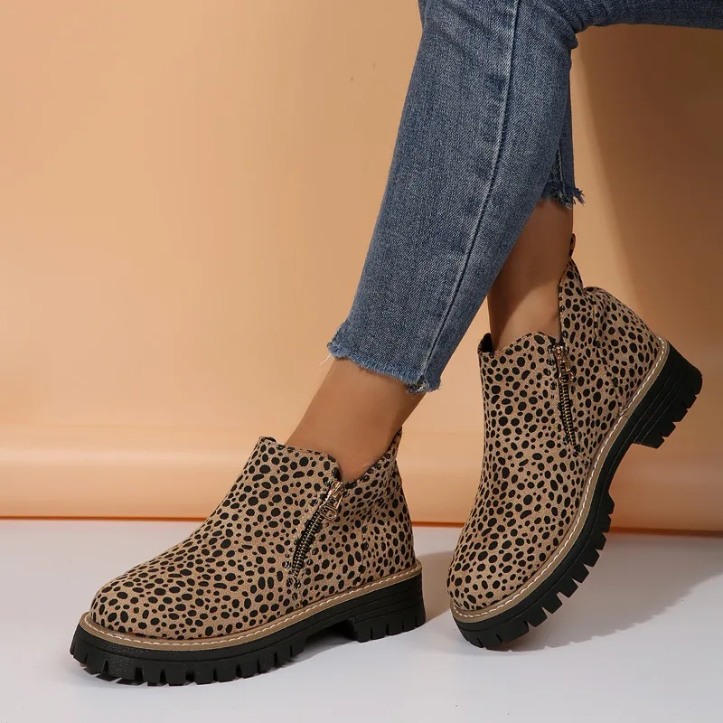 Leopard Suede Short Thigh Boots Women's Fashion Round Toe Side Zip Platform Non-Slip Block Heel Boots
