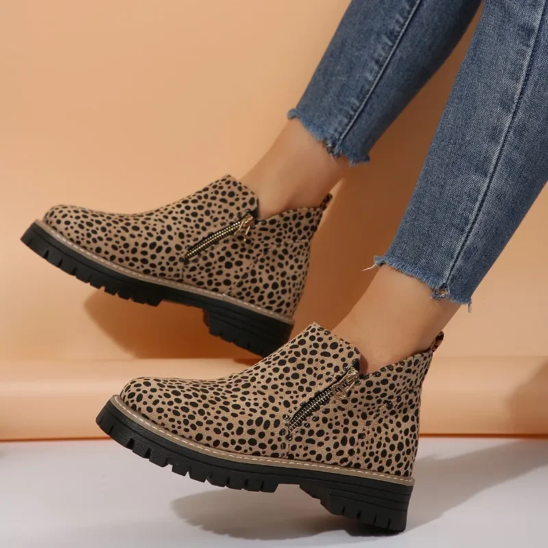 Leopard Suede Short Thigh Boots Women's Fashion Round Toe Side Zip Platform Non-Slip Block Heel Boots