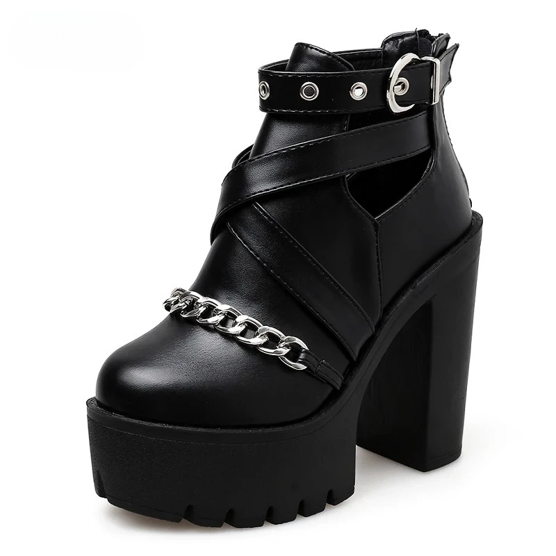 Plus Size 42 Fashion Chain Women Shoes Zipper Square High Heel Ankle Boots for Women Punk Shoes Platform Spring Autumn