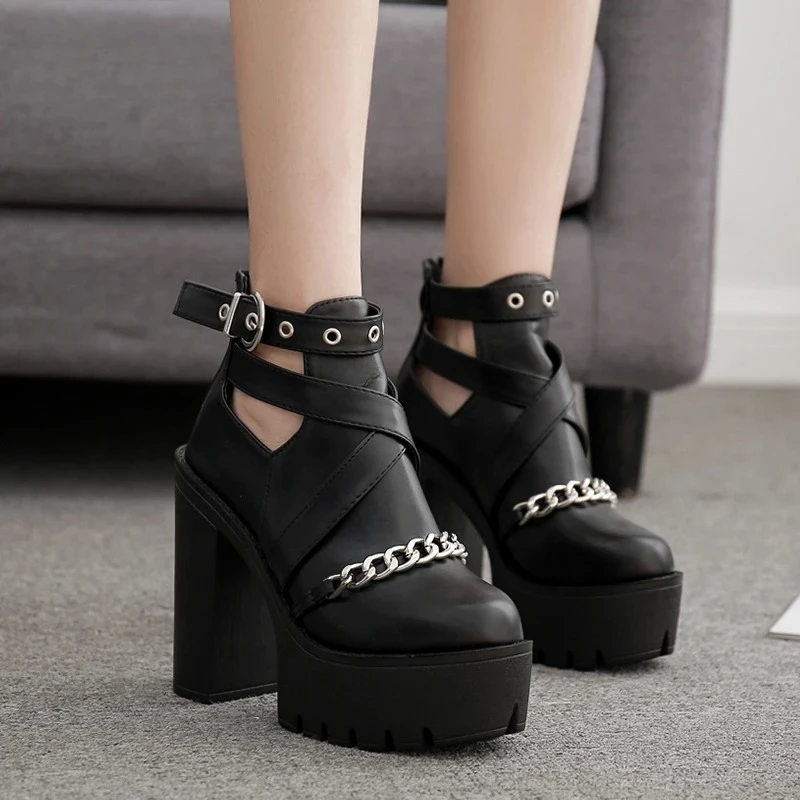 Plus Size 42 Fashion Chain Women Shoes Zipper Square High Heel Ankle Boots for Women Punk Shoes Platform Spring Autumn