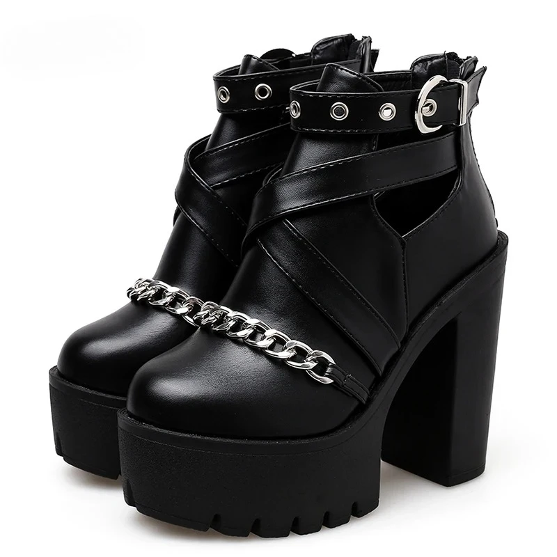 Plus Size 42 Fashion Chain Women Shoes Zipper Square High Heel Ankle Boots for Women Punk Shoes Platform Spring Autumn