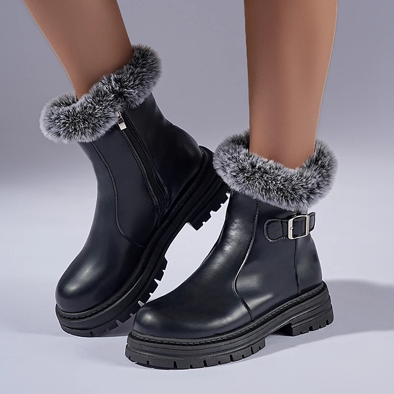 Fashion Faux Fur Platform Ankle Boots Women Pu Leather Fleece Lining Warm Winter Boots Woman Plus Size 43 Thick Heel Short Botas