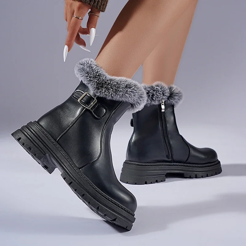 Fashion Faux Fur Platform Ankle Boots Women Pu Leather Fleece Lining Warm Winter Boots Woman Plus Size 43 Thick Heel Short Botas