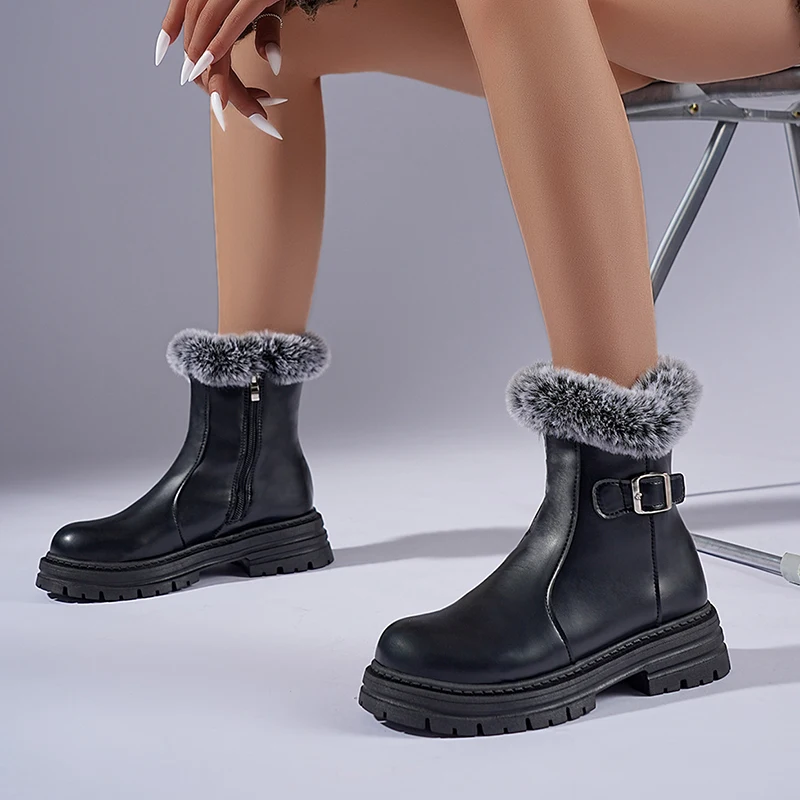 Fashion Faux Fur Platform Ankle Boots Women Pu Leather Fleece Lining Warm Winter Boots Woman Plus Size 43 Thick Heel Short Botas