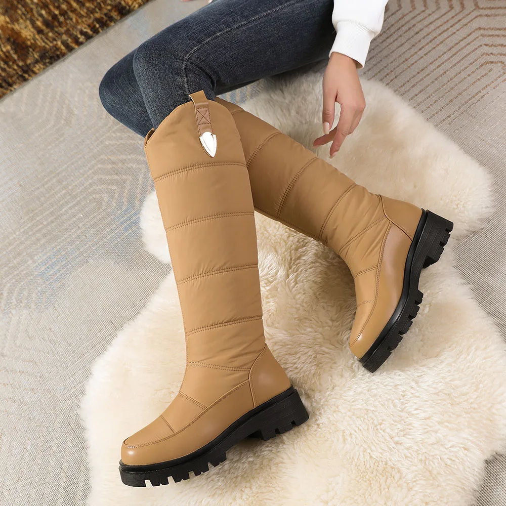 Big Size 44 Winter Keep Warm Plush Waterproof Snow Boots Women Rubber Sole Square Heels Platform Faux Fur Knee High Boots Shoes