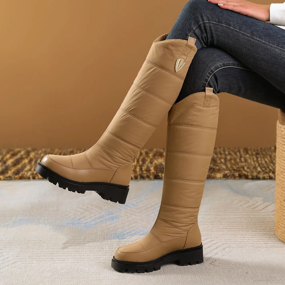 Big Size 44 Winter Keep Warm Plush Waterproof Snow Boots Women Rubber Sole Square Heels Platform Faux Fur Knee High Boots Shoes