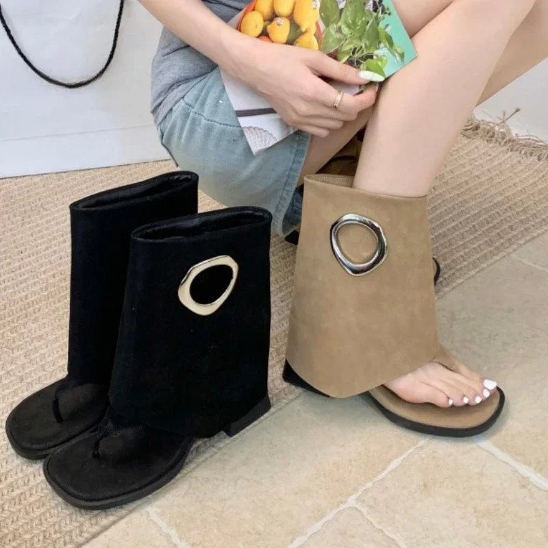 Fashion Metal Decoration Brand Ankle Boots Women High Quality Satin Clip Toe Modern Boot Retro Square Toe Flip-flops Summer Boot