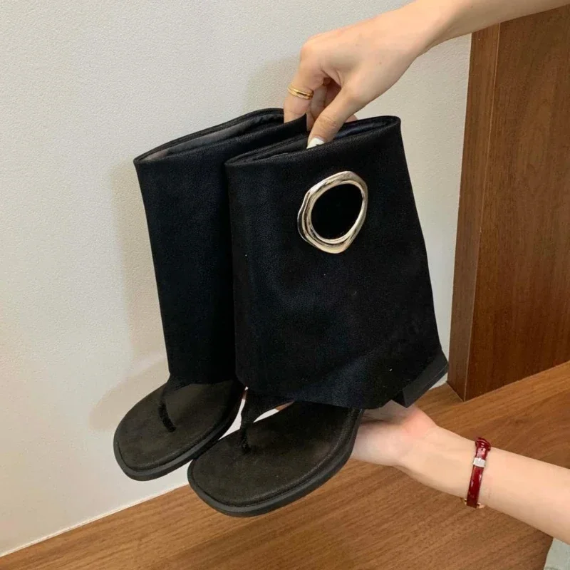 Fashion Metal Decoration Brand Ankle Boots Women High Quality Satin Clip Toe Modern Boot Retro Square Toe Flip-flops Summer Boot