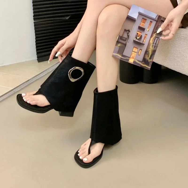 Fashion Metal Decoration Brand Ankle Boots Women High Quality Satin Clip Toe Modern Boot Retro Square Toe Flip-flops Summer Boot