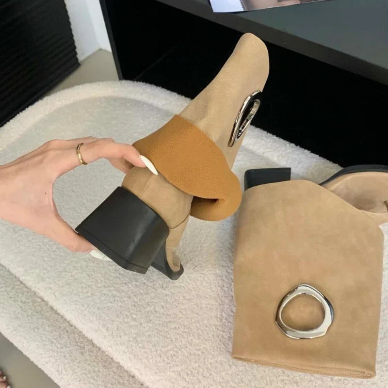 Fashion Metal Decoration Brand Ankle Boots Women High Quality Satin Clip Toe Modern Boot Retro Square Toe Flip-flops Summer Boot