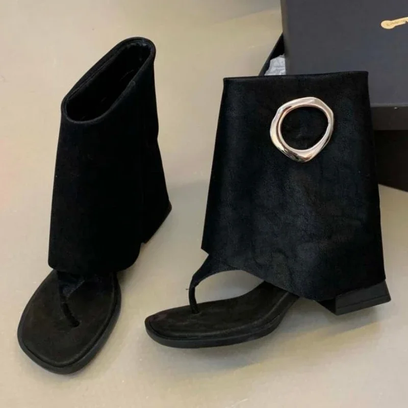 Fashion Metal Decoration Brand Ankle Boots Women High Quality Satin Clip Toe Modern Boot Retro Square Toe Flip-flops Summer Boot